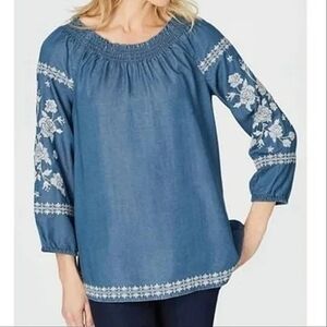 J. Jill Denim Embroidered Peasant Top